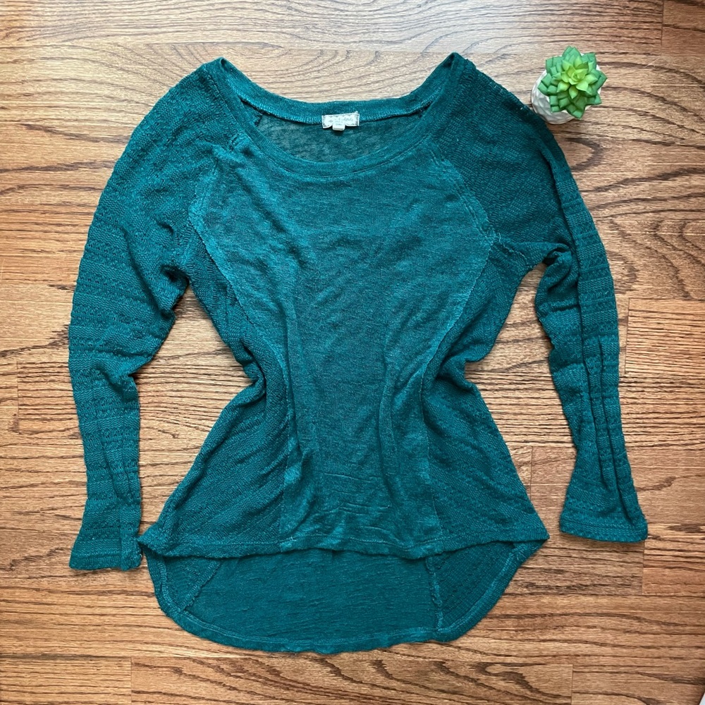 Emerald Green High-low Longsleeve Sheer Knit Top Sheer Small Boat/Crew Neck